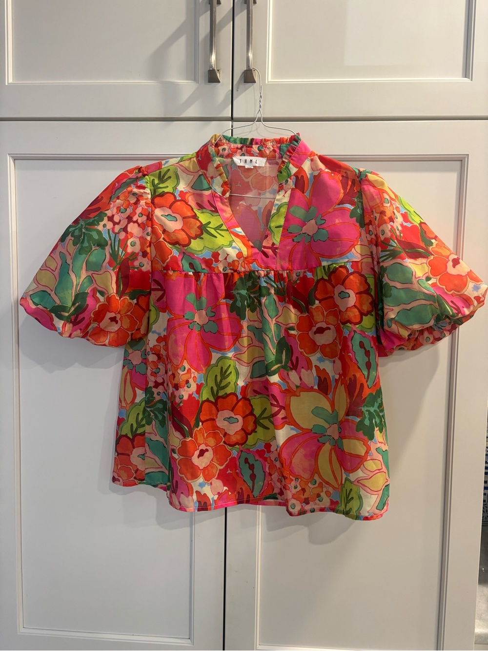THML Pink & Orange Floral Puff-Sleeve Blouse